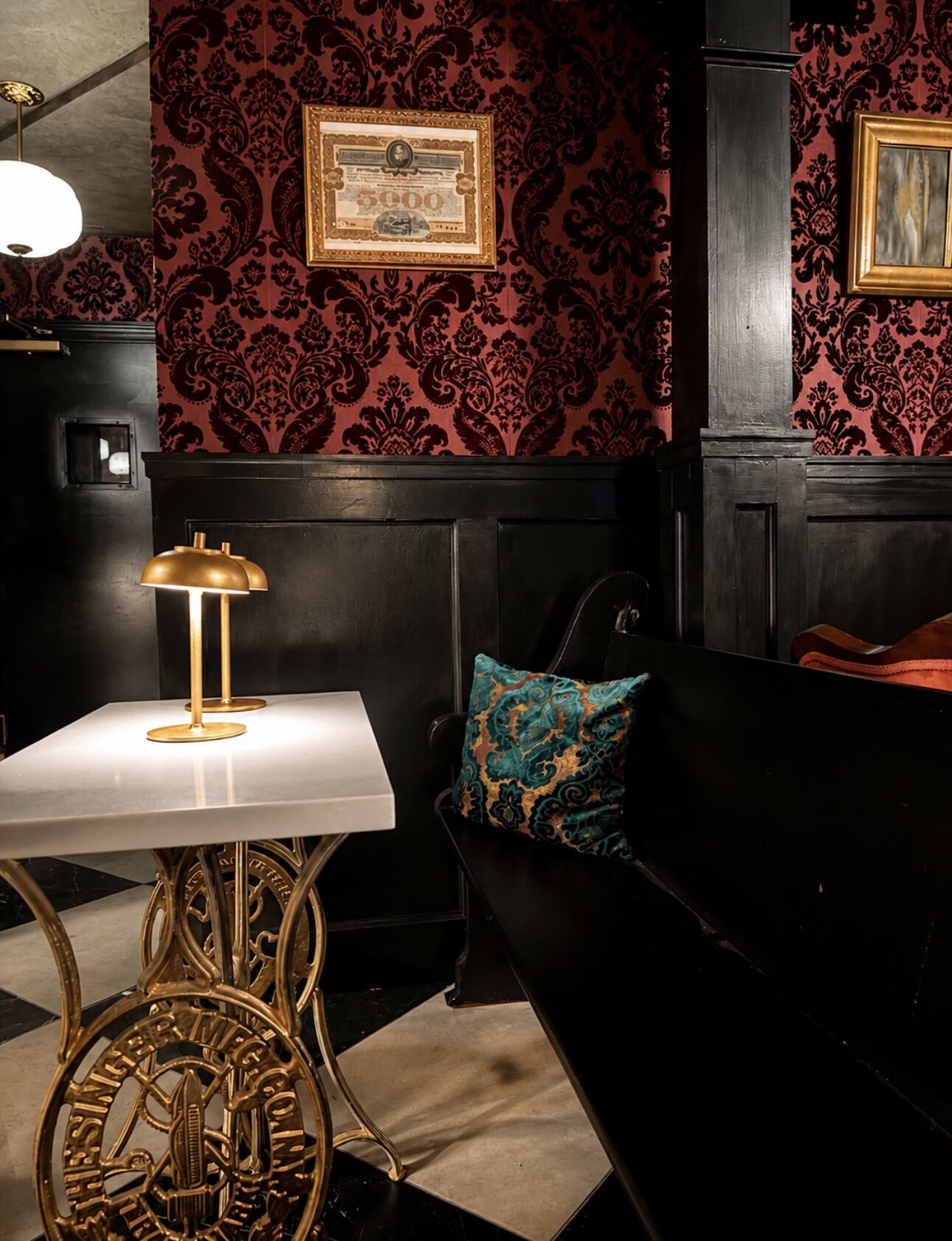 Marble table and brass lamp